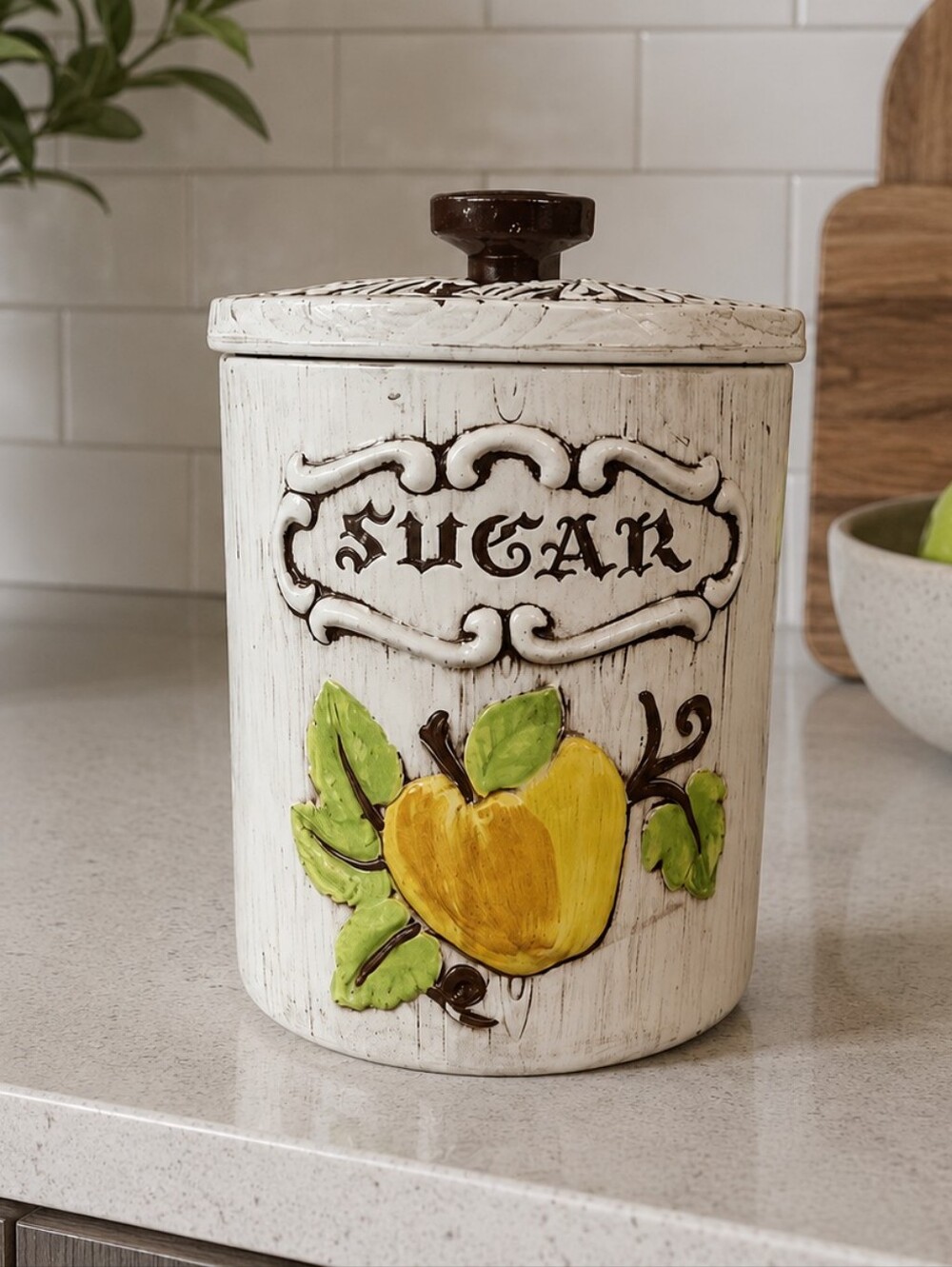 Vintage Treasure Craft Ceramic Wood Grain Apple Sugar Canister Cottagecore Retro